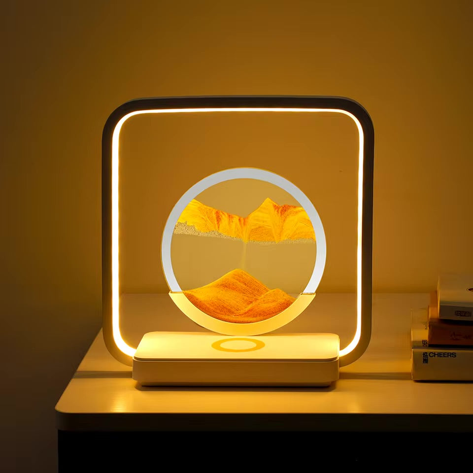 Lampe de Décoration Artistique en Sable Mobile, Peinture Couleur 3D, Lampe de Table de Nuit, Lampe de Bureau avec Chargeur de Téléphone sans Fil, Sablier Liquide Tactile