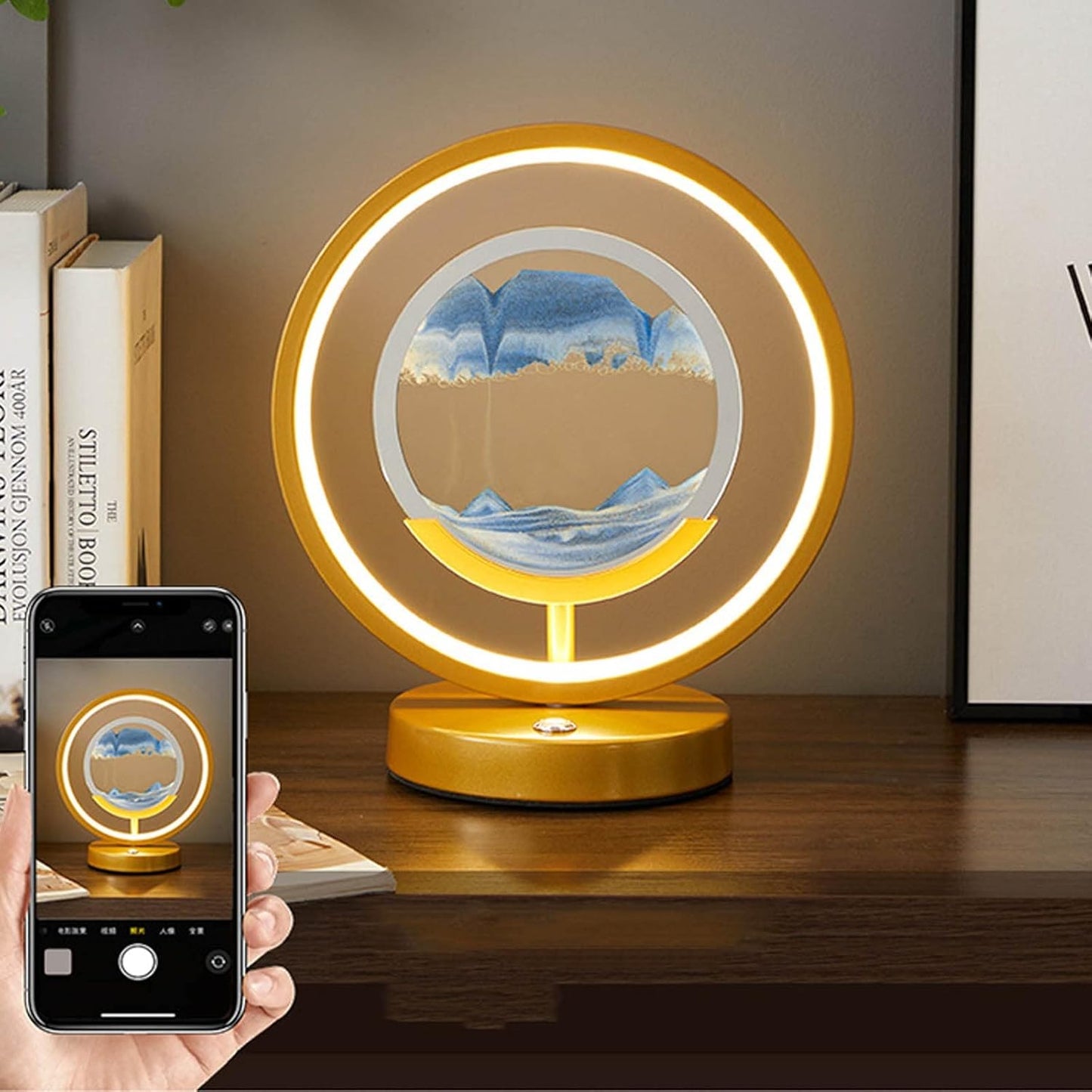 Lampe de Décoration Artistique en Sable Mobile, Peinture Couleur 3D, Lampe de Table de Nuit, Lampe de Bureau avec Chargeur de Téléphone sans Fil, Sablier Liquide Tactile