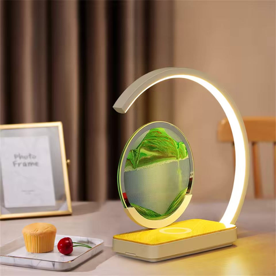 Lampe de Décoration Artistique en Sable Mobile, Peinture Couleur 3D, Lampe de Table de Nuit, Lampe de Bureau avec Chargeur de Téléphone sans Fil, Sablier Liquide Tactile