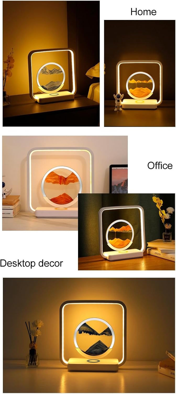 Lampe de Décoration Artistique en Sable Mobile, Peinture Couleur 3D, Lampe de Table de Nuit, Lampe de Bureau avec Chargeur de Téléphone sans Fil, Sablier Liquide Tactile