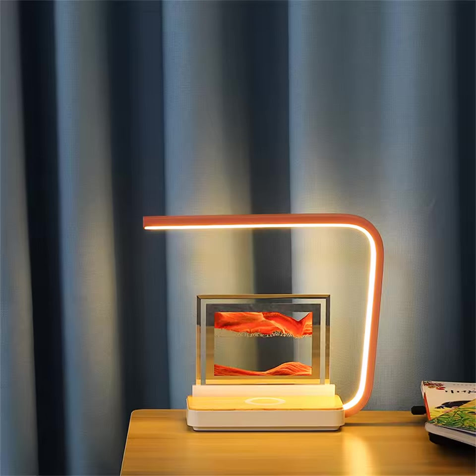 Lampe de Décoration Artistique en Sable Mobile, Peinture Couleur 3D, Lampe de Table de Nuit, Lampe de Bureau avec Chargeur de Téléphone sans Fil, Sablier Liquide Tactile
